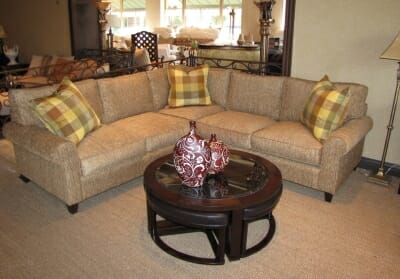 Pictured is a Low Camel Sectional Upholstered with gold chenille.